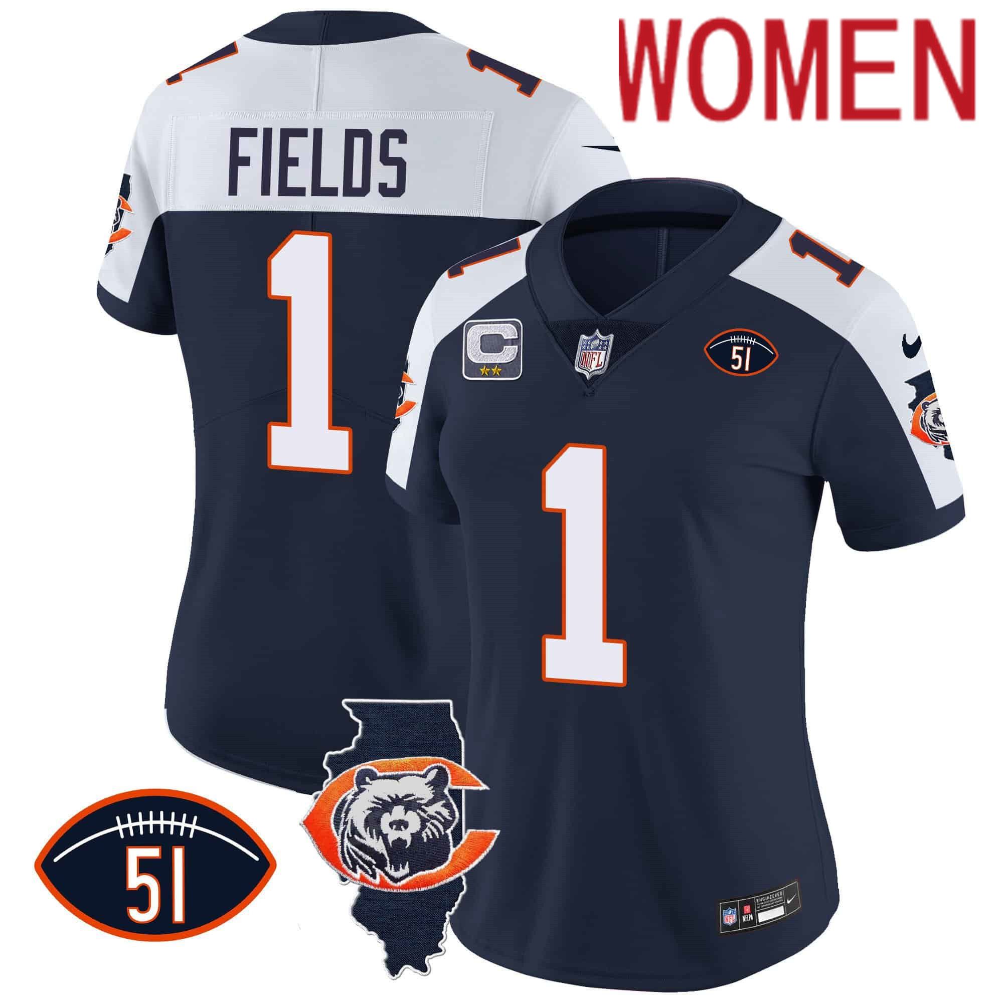 Women Chicago Bears #1 Fields Blue 2024 Nike Throwback Illinois Patch Vapor NFL Jersey->customized nfl jersey->Custom Jersey